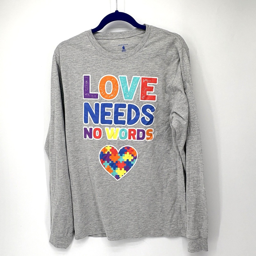 Autism Speaks Shirt Medium Gray Love Needs No Words Awareness LS T-shirt